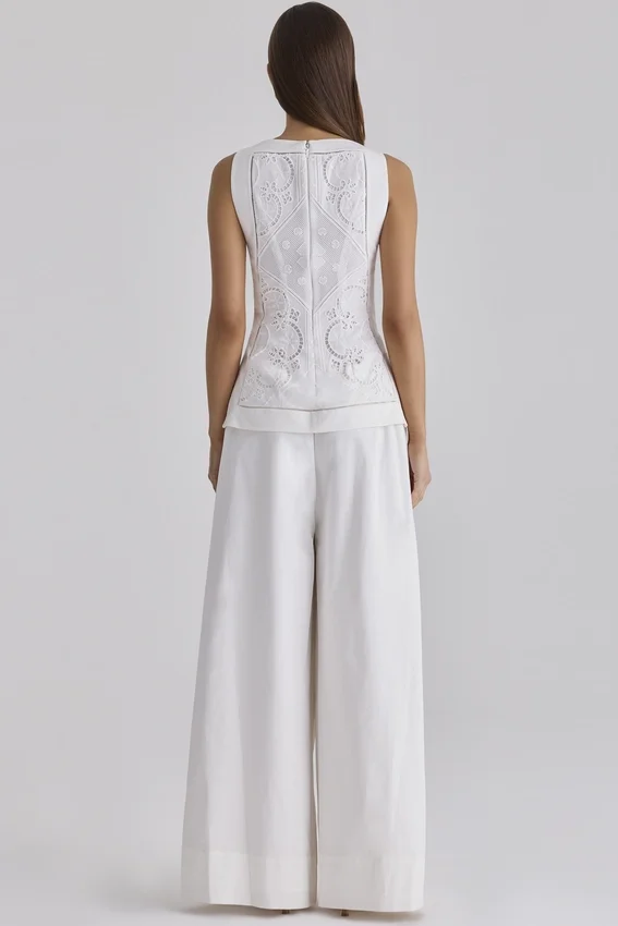 Valencia White Cotton Placement Lace Broderie Anglais Boat Neck Top Valencia White Cotton Placement Lace Broderie Anglais Boat Neck Top