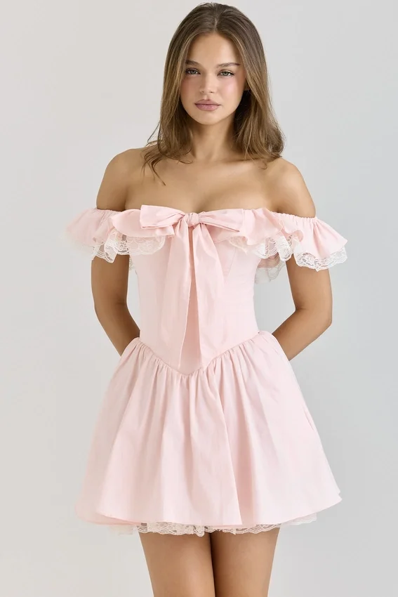 Jaide Pink Stretch Cotton Off Shoulder Corset Mini Dress Jaide Pink Stretch Cotton Off Shoulder Corset Mini Dress