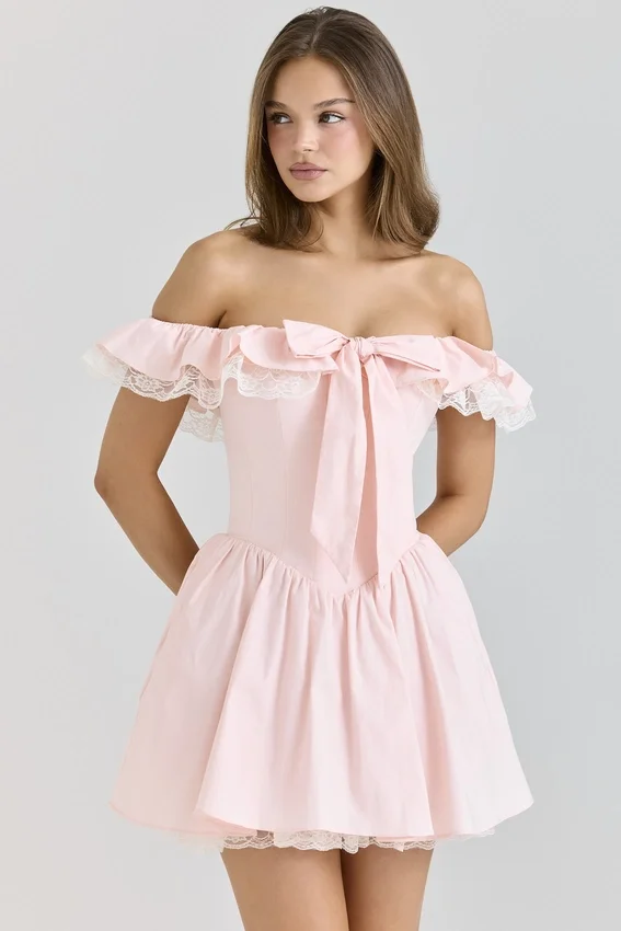 Jaide Pink Stretch Cotton Off Shoulder Corset Mini Dress Jaide Pink Stretch Cotton Off Shoulder Corset Mini Dress