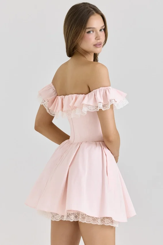 Jaide Pink Stretch Cotton Off Shoulder Corset Mini Dress Jaide Pink Stretch Cotton Off Shoulder Corset Mini Dress