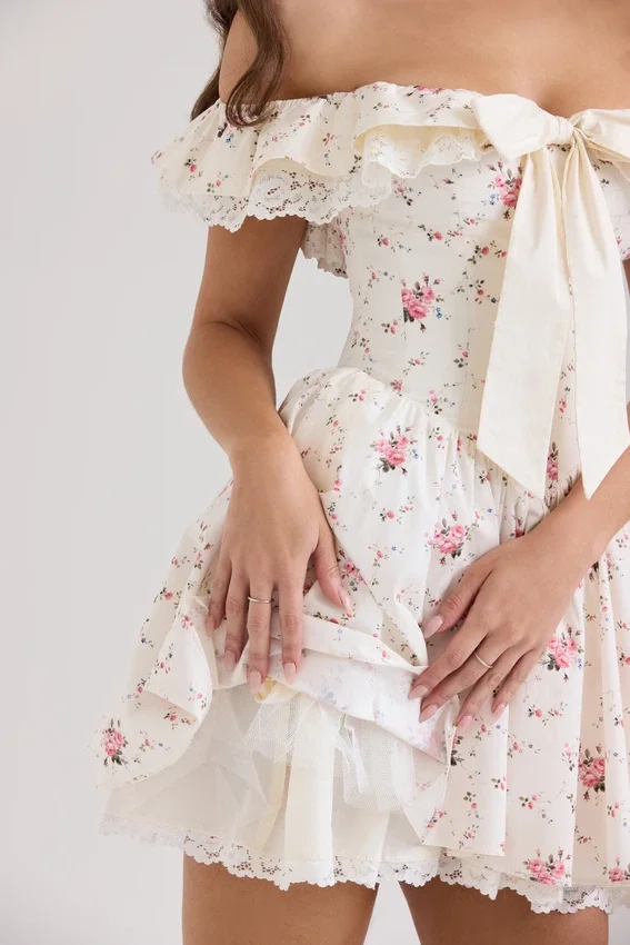 Jaide Stretch Cotton Floral Print Off Shoulder Corset Mini Dress Jaide Stretch Cotton Floral Print Off Shoulder Corset Mini Dress