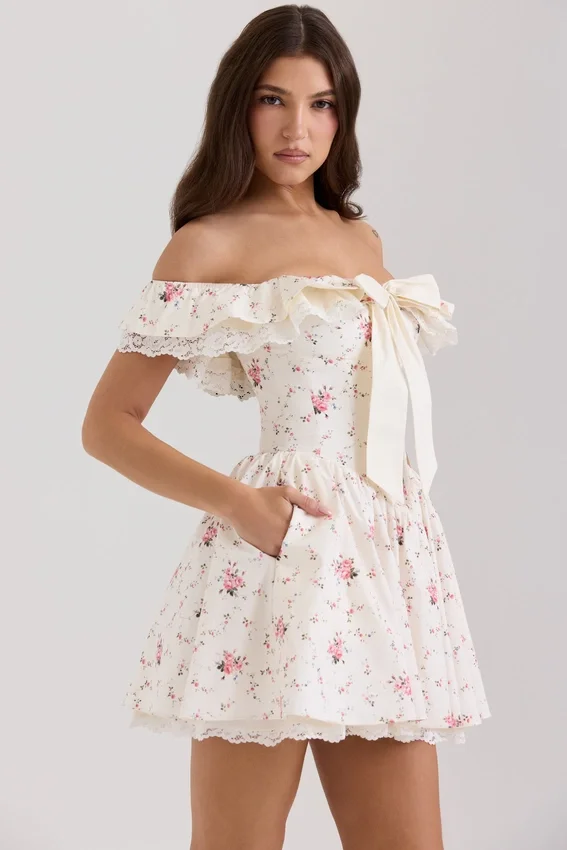 Jaide Stretch Cotton Floral Print Off Shoulder Corset Mini Dress Jaide Stretch Cotton Floral Print Off Shoulder Corset Mini Dress