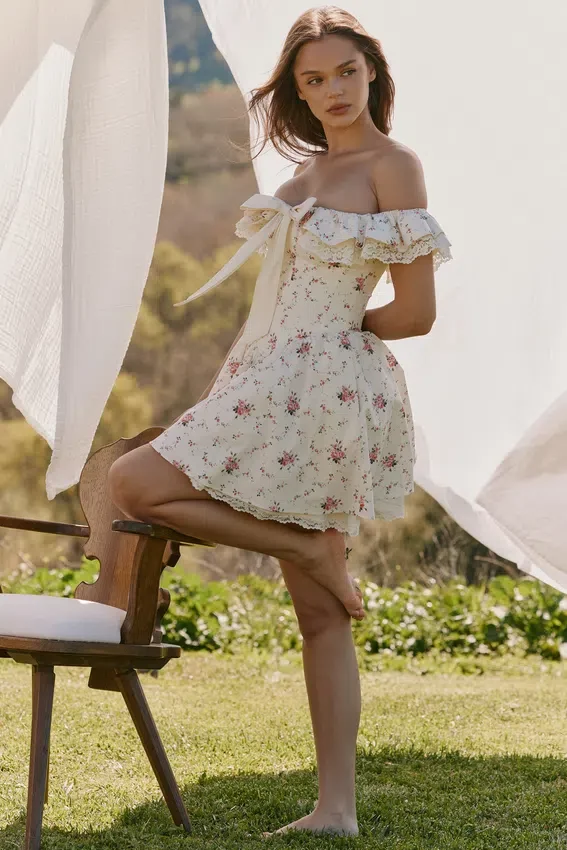 Jaide Stretch Cotton Floral Print Off Shoulder Corset Mini Dress Jaide Stretch Cotton Floral Print Off Shoulder Corset Mini Dress