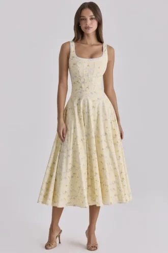 Jaime Lemon Floral Print Cotton Lace Up Midi Sundress