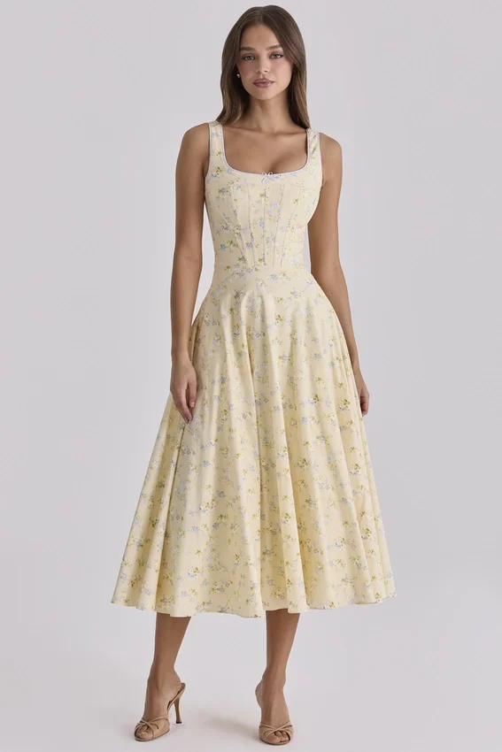 Jaime Lemon Floral Print Cotton Lace Up Midi Sundress Jaime Lemon Floral Print Cotton Lace Up Midi Sundress