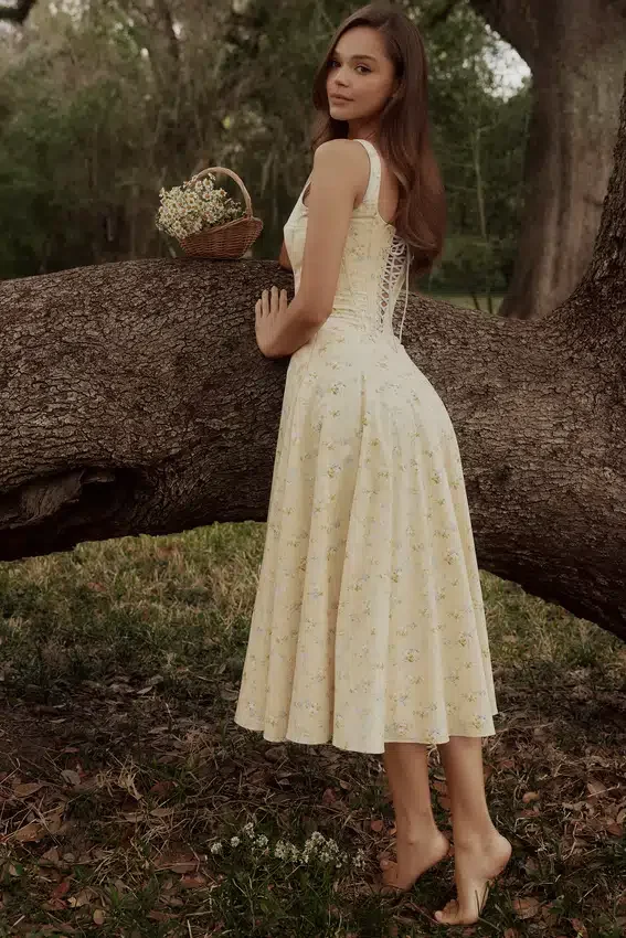 Jaime Lemon Floral Print Cotton Lace Up Midi Sundress Jaime Lemon Floral Print Cotton Lace Up Midi Sundress