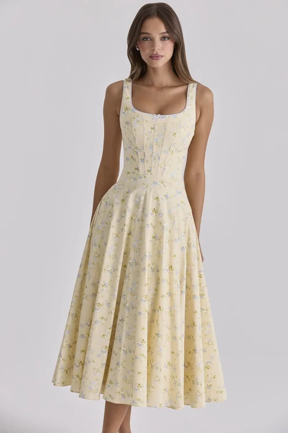 Jaime Lemon Floral Print Cotton Lace Up Midi Sundress Jaime Lemon Floral Print Cotton Lace Up Midi Sundress