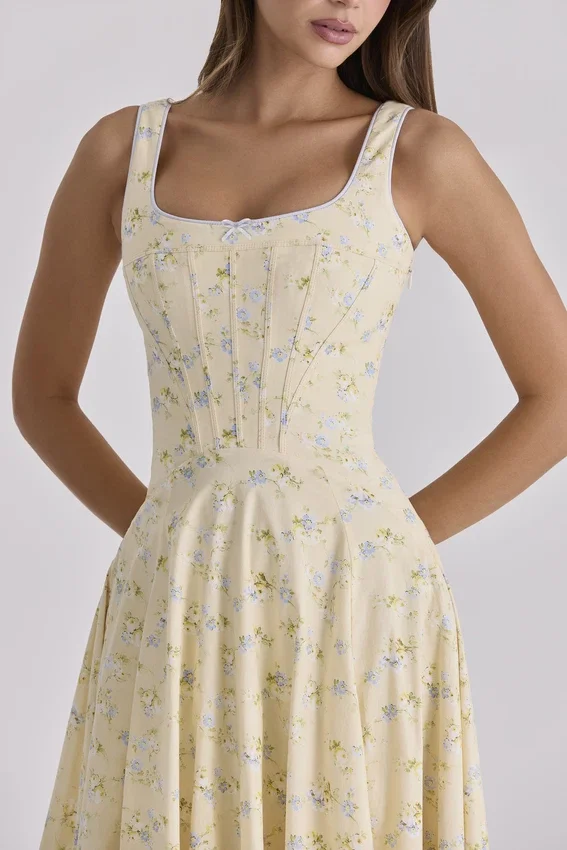 Jaime Lemon Floral Print Cotton Lace Up Midi Sundress Jaime Lemon Floral Print Cotton Lace Up Midi Sundress