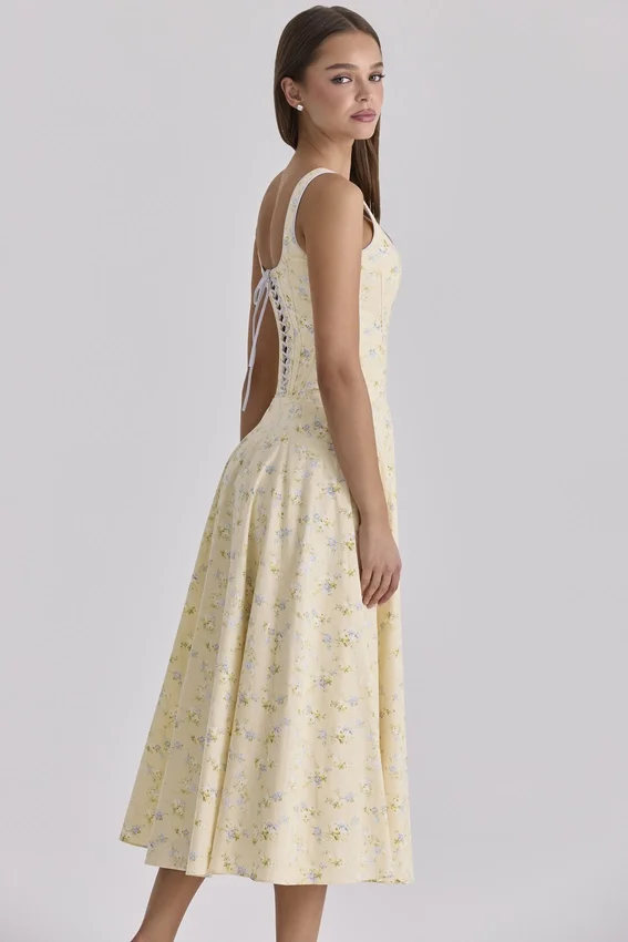 Jaime Lemon Floral Print Cotton Lace Up Midi Sundress Jaime Lemon Floral Print Cotton Lace Up Midi Sundress