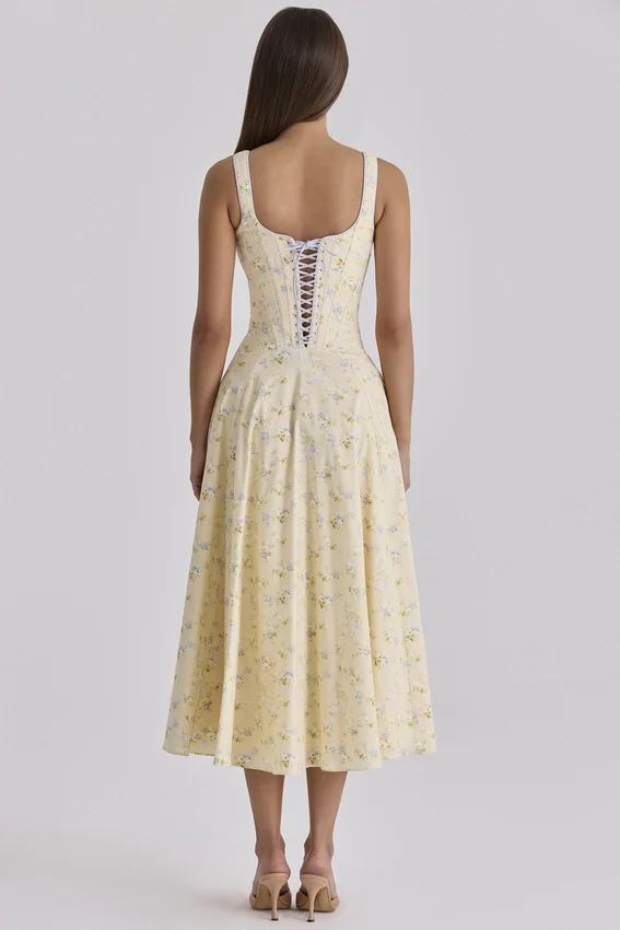 Jaime Lemon Floral Print Cotton Lace Up Midi Sundress Jaime Lemon Floral Print Cotton Lace Up Midi Sundress