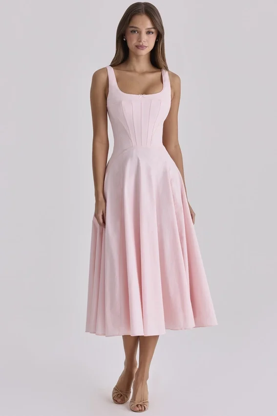 Jaime Pink Cotton Lace Up Midi Sundress Jaime Pink Cotton Lace Up Midi Sundress