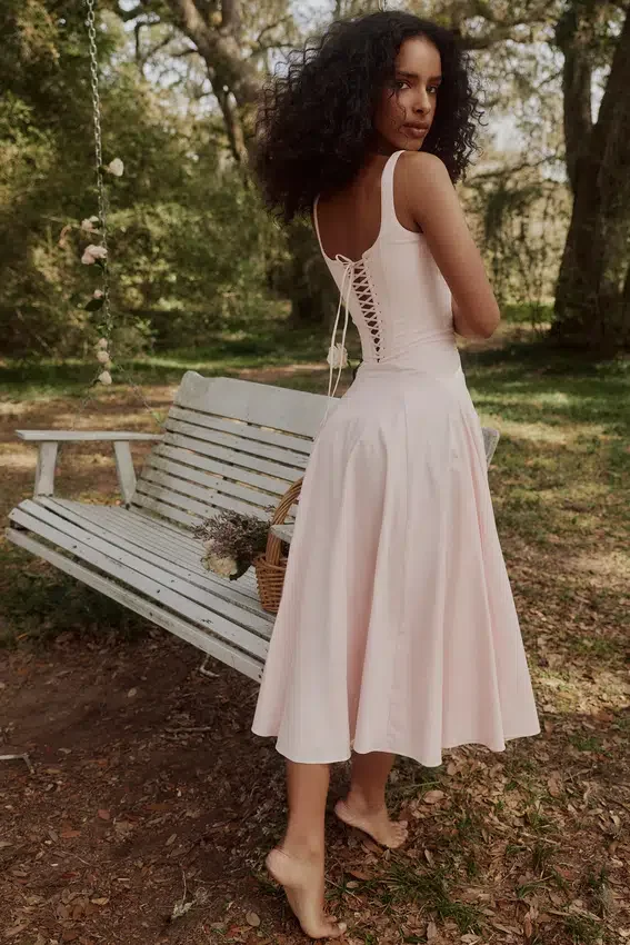 Jaime Pink Cotton Lace Up Midi Sundress Jaime Pink Cotton Lace Up Midi Sundress