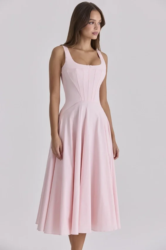 Jaime Pink Cotton Lace Up Midi Sundress Jaime Pink Cotton Lace Up Midi Sundress