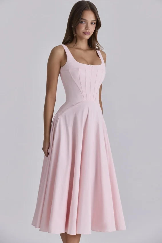 Jaime Pink Cotton Lace Up Midi Sundress Jaime Pink Cotton Lace Up Midi Sundress