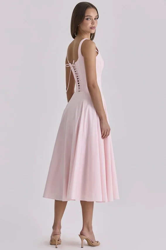 Jaime Pink Cotton Lace Up Midi Sundress Jaime Pink Cotton Lace Up Midi Sundress
