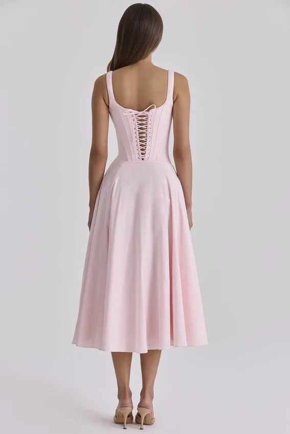 Jaime Pink Cotton Lace Up Midi Sundress Jaime Pink Cotton Lace Up Midi Sundress
