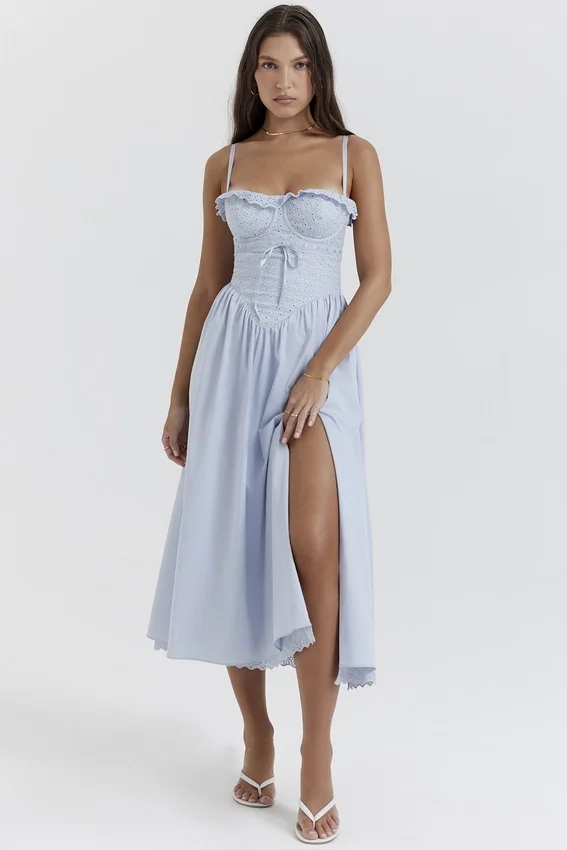 Jaime Soft Blue Cotton Broderie Anglais Midi SunDress Jaime Soft Blue Cotton Broderie Anglais Midi SunDress