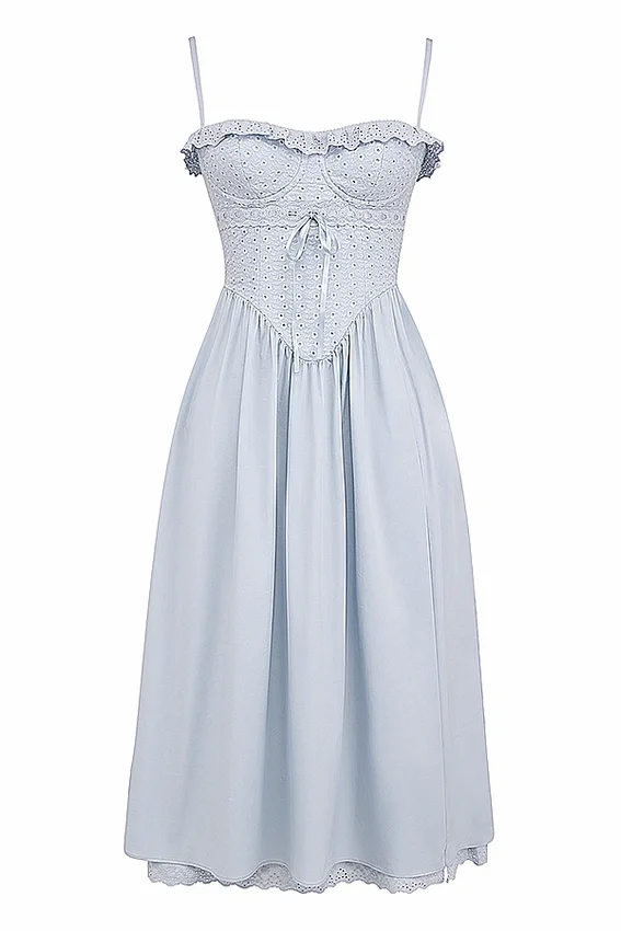 Jaime Soft Blue Cotton Broderie Anglais Midi SunDress Jaime Soft Blue Cotton Broderie Anglais Midi SunDress