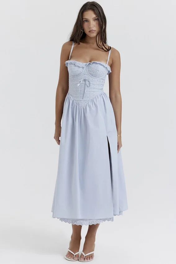 Jaime Soft Blue Cotton Broderie Anglais Midi SunDress Jaime Soft Blue Cotton Broderie Anglais Midi SunDress