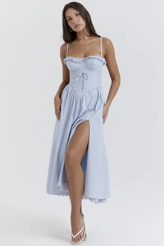 Jaime Soft Blue Cotton Broderie Anglais Midi SunDress Jaime Soft Blue Cotton Broderie Anglais Midi SunDress
