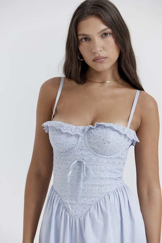 Jaime Soft Blue Cotton Broderie Anglais Midi SunDress Jaime Soft Blue Cotton Broderie Anglais Midi SunDress