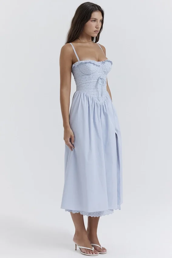 Jaime Soft Blue Cotton Broderie Anglais Midi SunDress Jaime Soft Blue Cotton Broderie Anglais Midi SunDress