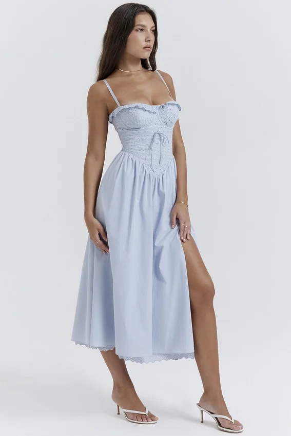 Jaime Soft Blue Cotton Broderie Anglais Midi SunDress Jaime Soft Blue Cotton Broderie Anglais Midi SunDress