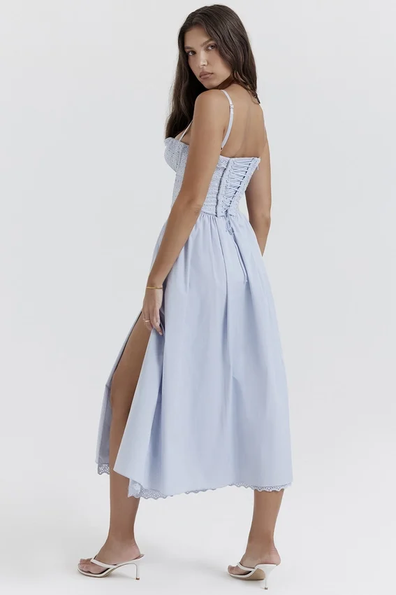 Jaime Soft Blue Cotton Broderie Anglais Midi SunDress Jaime Soft Blue Cotton Broderie Anglais Midi SunDress