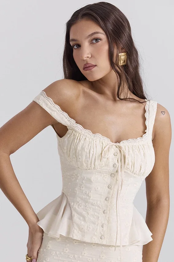 Jean Vintage Cream Cotton Broderie Anglais Peplum Top Jean Vintage Cream Cotton Broderie Anglais Peplum Top