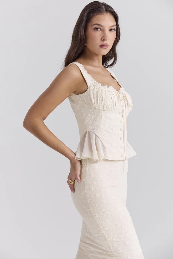 Jean Vintage Cream Cotton Broderie Anglais Peplum Top Jean Vintage Cream Cotton Broderie Anglais Peplum Top