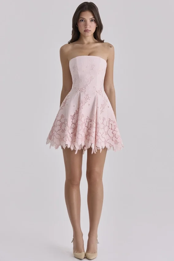 Jemima Pink Strapless Cut Out Broderie Anglaise Mini Dress Jemima Pink Strapless Cut Out Broderie Anglaise Mini Dress