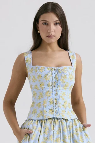 Juana Soft Blue Vintage Floral Print Cotton Top Juana Soft Blue Vintage Floral Print Cotton Top