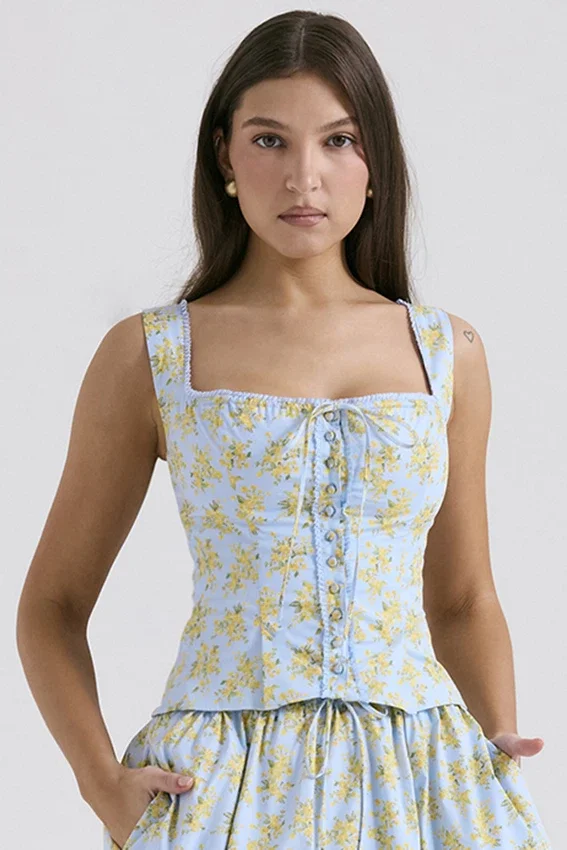 Juana Soft Blue Vintage Floral Print Cotton Top Juana Soft Blue Vintage Floral Print Cotton Top