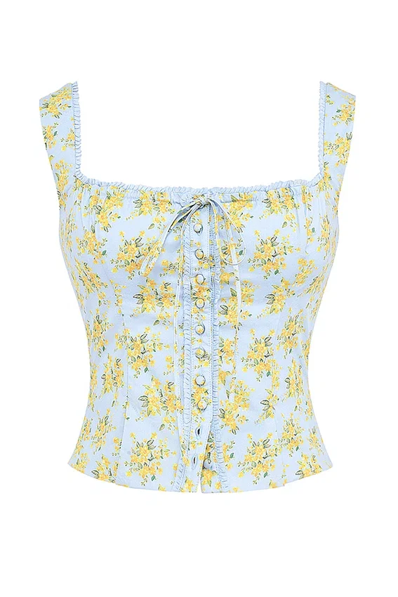 Juana Soft Blue Vintage Floral Print Cotton Top Juana Soft Blue Vintage Floral Print Cotton Top