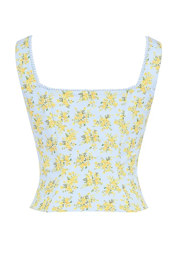 Juana Soft Blue Vintage Floral Print Cotton Top Juana Soft Blue Vintage Floral Print Cotton Top