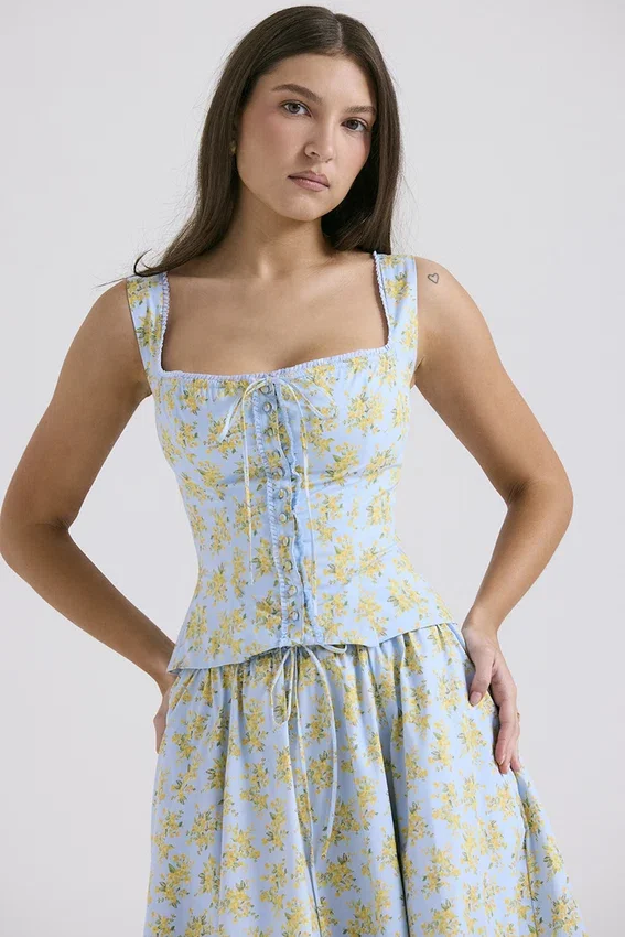Juana Soft Blue Vintage Floral Print Cotton Top Juana Soft Blue Vintage Floral Print Cotton Top
