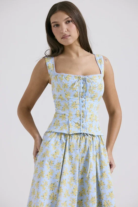 Juana Soft Blue Vintage Floral Print Cotton Top Juana Soft Blue Vintage Floral Print Cotton Top