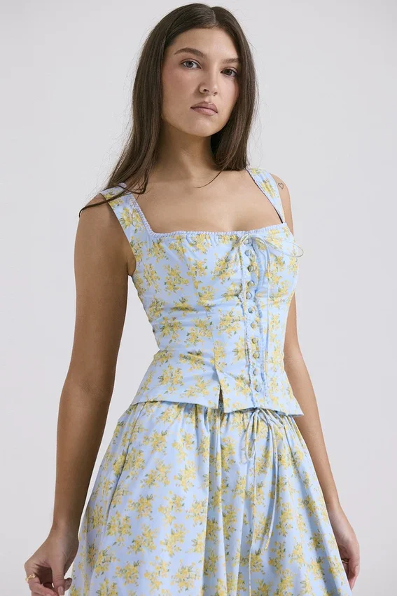 Juana Soft Blue Vintage Floral Print Cotton Top Juana Soft Blue Vintage Floral Print Cotton Top
