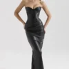 Juliana Black Strapless Vegan Leather Midi Dress