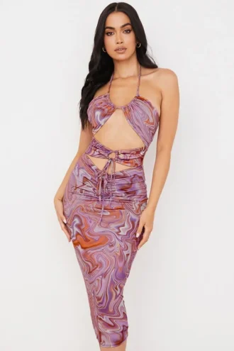 Kasia Purple Swirl Cutout Midi Dress