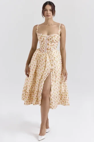 Kelly Royal Rose Print Corset Midi Sundress