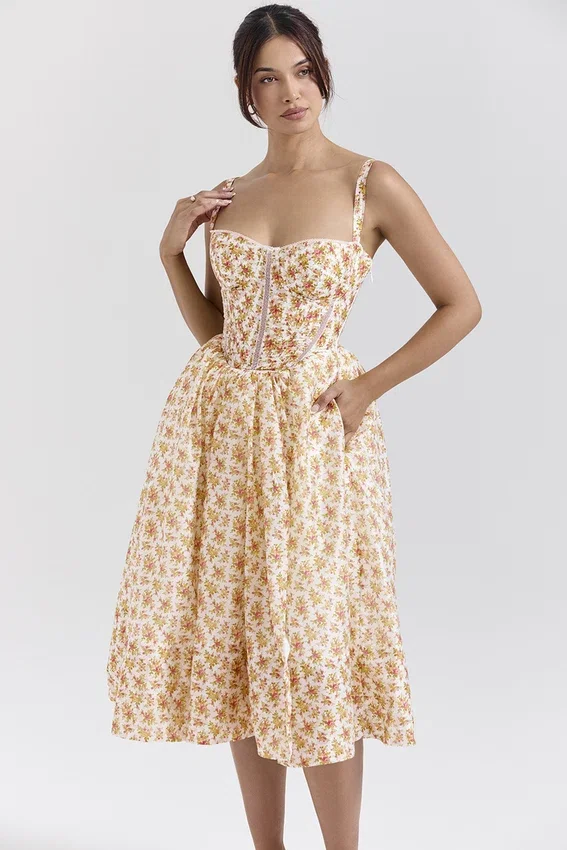 Kelly Royal Rose Print Corset Midi Sundress Kelly Royal Rose Print Corset Midi Sundress