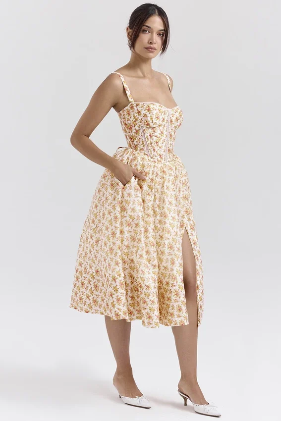 Kelly Royal Rose Print Corset Midi Sundress Kelly Royal Rose Print Corset Midi Sundress