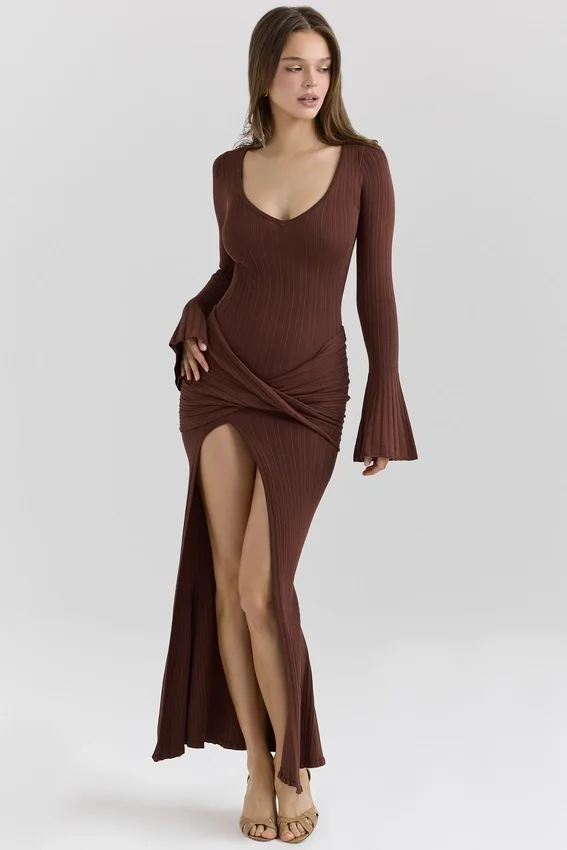 Khrysta Chocolate Brown Draped Maxi Dress Khrysta Chocolate Brown Draped Maxi Dress