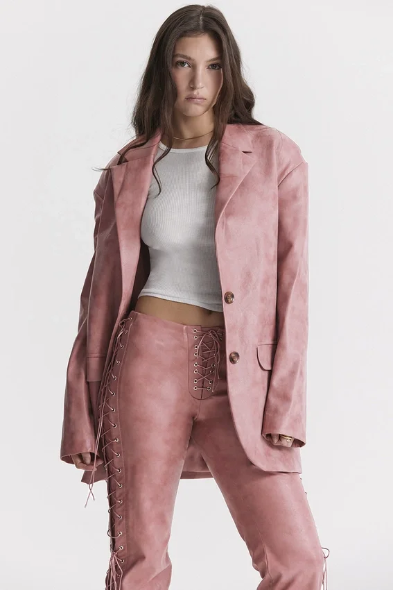 Kiera Warm Pink Vegan Leather Oversized Blazer Kiera Warm Pink Vegan Leather Oversized Blazer