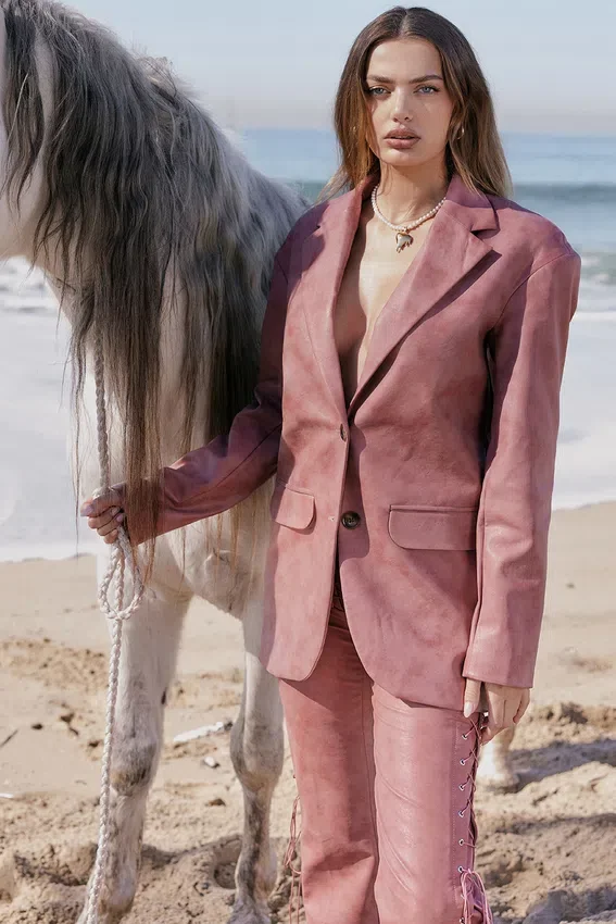 Kiera Warm Pink Vegan Leather Oversized Blazer Kiera Warm Pink Vegan Leather Oversized Blazer