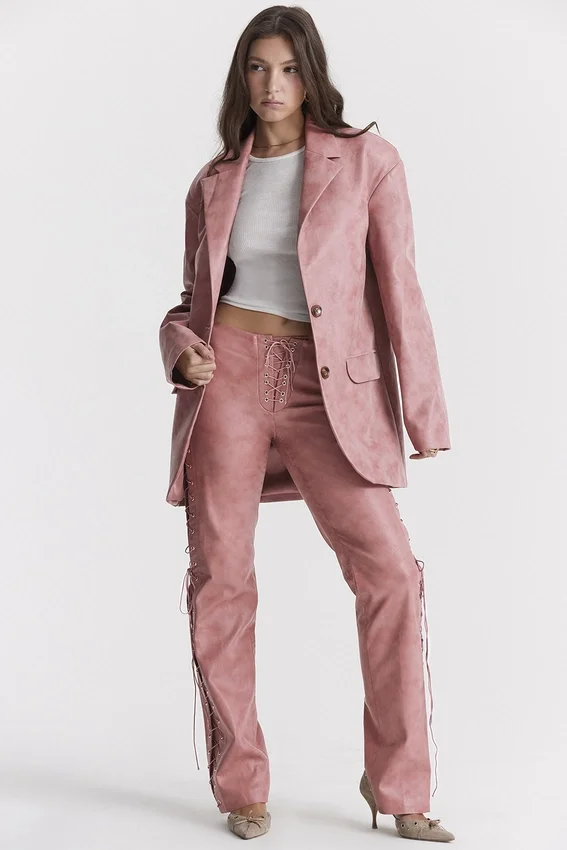 Kiera Warm Pink Vegan Leather Oversized Blazer Kiera Warm Pink Vegan Leather Oversized Blazer