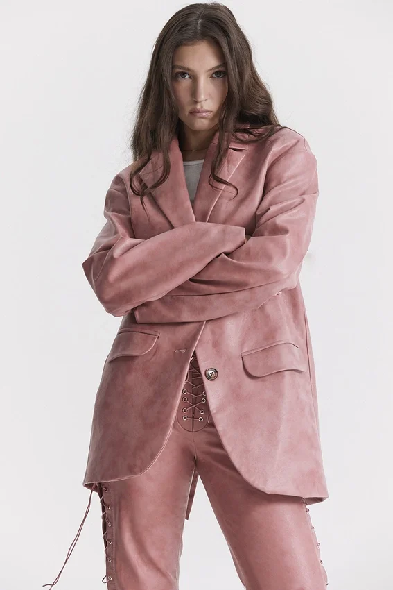 Kiera Warm Pink Vegan Leather Oversized Blazer Kiera Warm Pink Vegan Leather Oversized Blazer