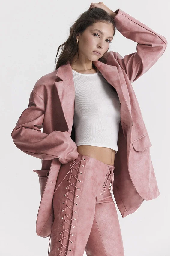 Kiera Warm Pink Vegan Leather Oversized Blazer Kiera Warm Pink Vegan Leather Oversized Blazer
