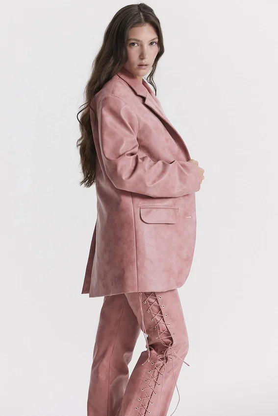 Kiera Warm Pink Vegan Leather Oversized Blazer Kiera Warm Pink Vegan Leather Oversized Blazer